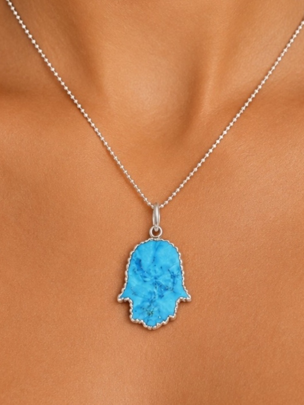 NEW - Handmade NYC Sterling Silver Turquoise Hamsa Hand Necklace 20" Chain